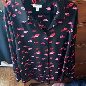 Black Lip Print Button Down Shirt